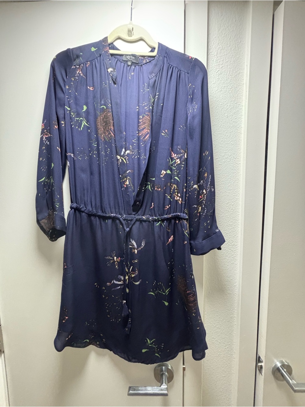Babaton Navy Floral Long-Sleeve Tie-Waist Dress